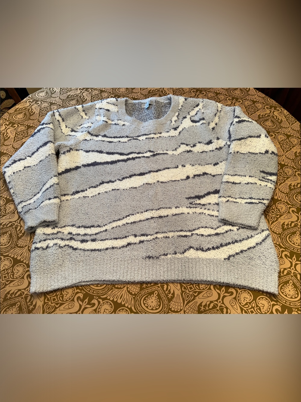 Barefoot Dreams Plush Striped Crewneck Sweater - Light Blue, White, Charcoal